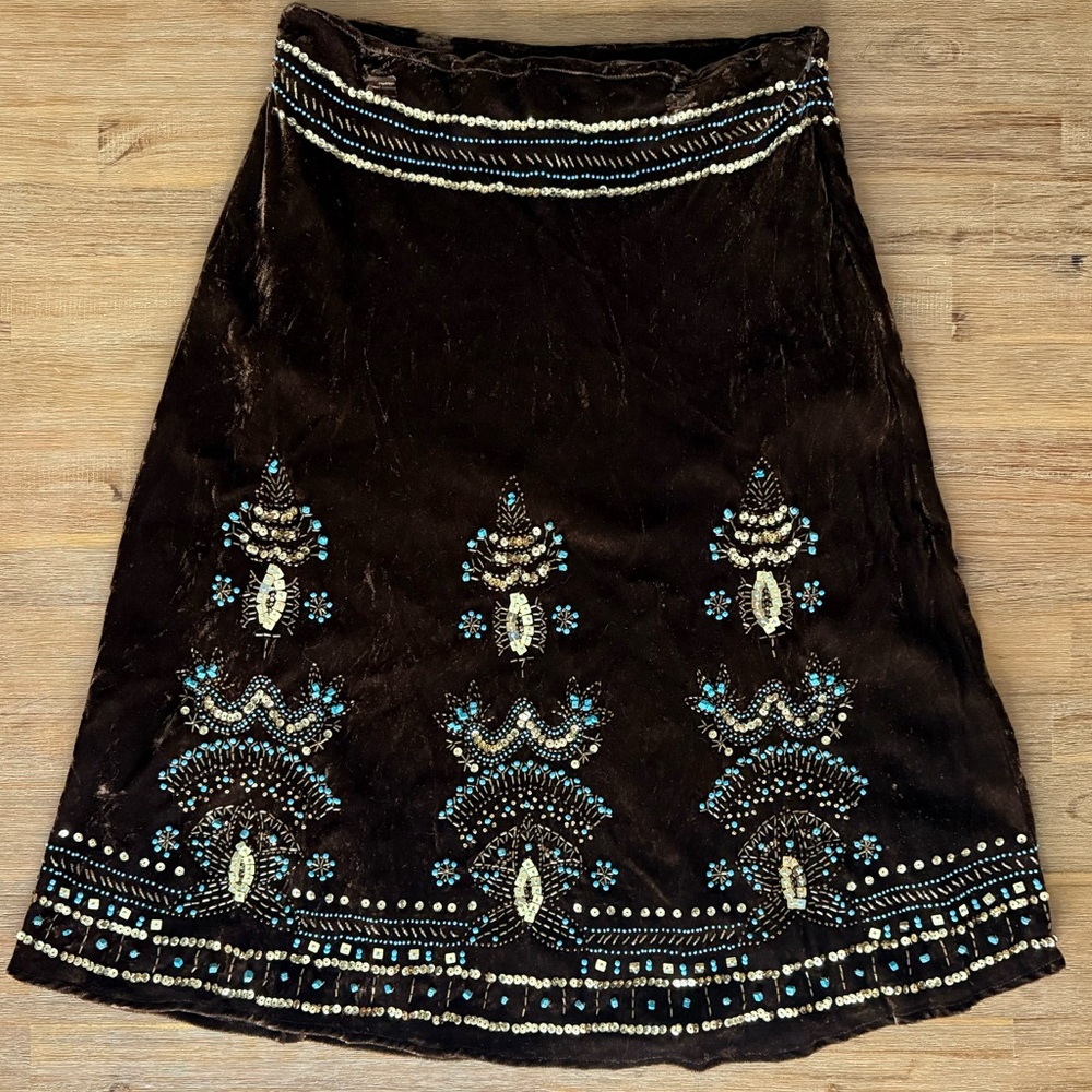 Carole Little Dark Brown Embroidered A-Line Skirt